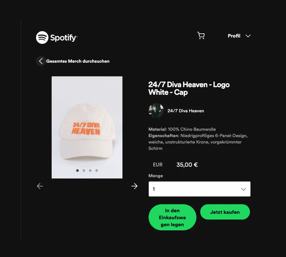 Screenshot eines Kaufprozesses über die Integration mit Spotify