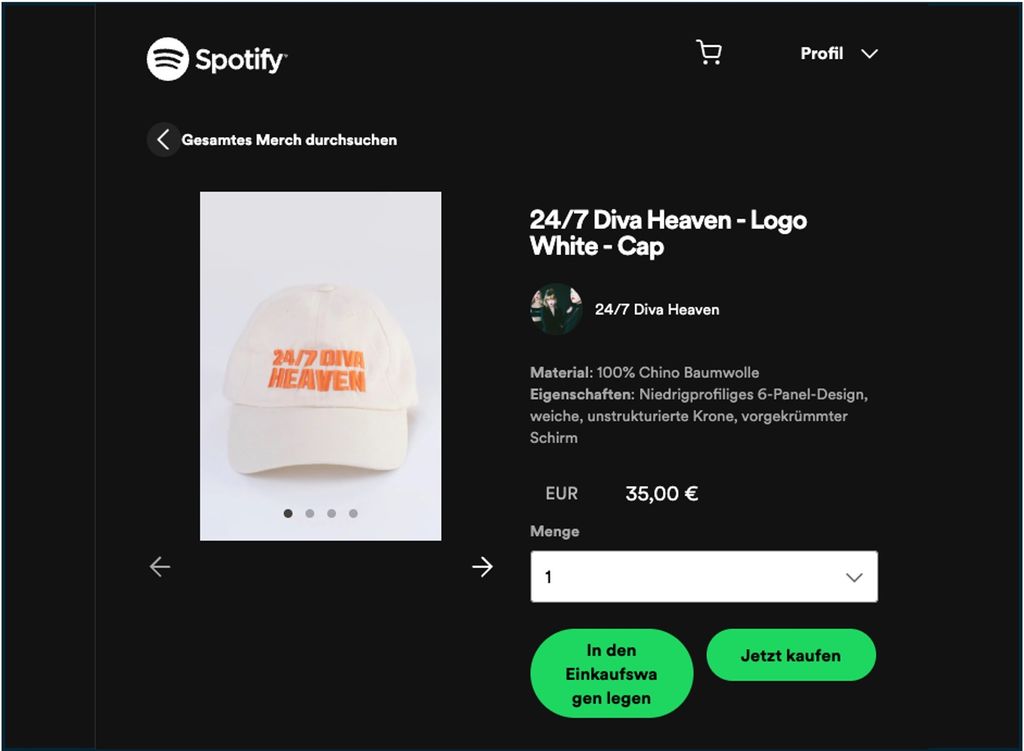Screenshot eines Kaufprozesses von Merchandise über die Integration in Spotify